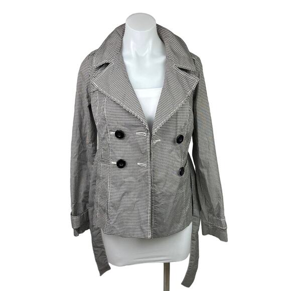 Halogen Black White Gingham Check Double Breasted Tie Belt Trench Jacket Sz XS - Picture 2 of 8